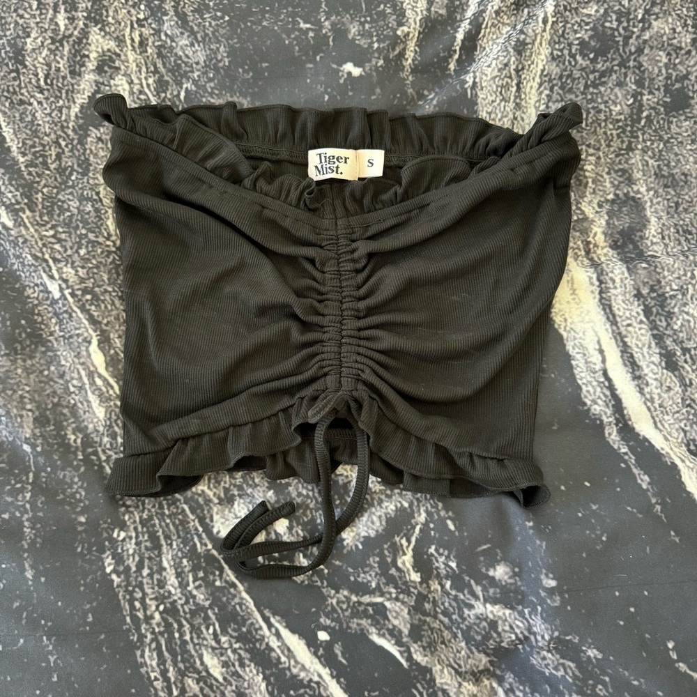Tiger Mist Black Ruffle Ribbed Bandeau Crop Top Tie Size Small